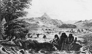 Fuegianos em Woollya, com o campo de expedições de Fitzroy em segundo plano, 1831 1839 de Unbekannt