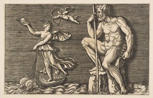 Galatea escapando de Polifemo, ele está sentado em uma rocha segurando um cajado e canos e ..., ca. 1515-1600. de Unbekannt