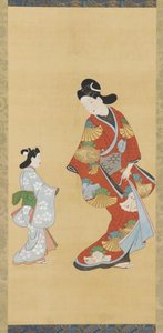Menina de vestido escarlate e dourado com uma criança, 1615-1868. de Unbekannt