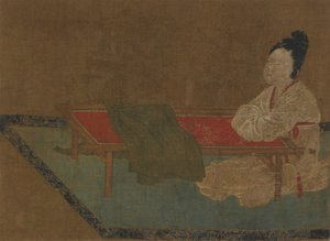 Menina sentada em um bastidor de bordar, dinastia Ming, século XV. de Unbekannt