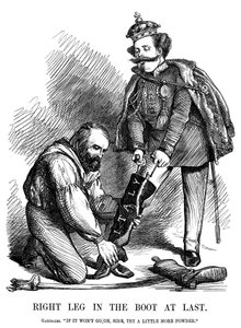 Giuseppe Garibaldi ajudando Victor Emmanuel II a vestir a bota da Itália, 1860 de Unbekannt