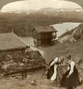 Fofoca em uma estalagem à beira da estrada em Botten, com vista para o lago Voxli - vista para Haukeli Mts., Noruega, de Unbekannt