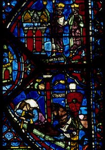 Arquitectura gótica. Histoire de Charlemagne (detalhe): Carlos Magno (742-814) recebe 3 caçadas (alta) e Visão de Constantino (I, Imperador Bizantino). Vidro manchado do ambulatório do norte, absidial. Cathedrale de Chartres. de Unbekannt