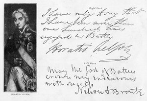 Caligrafia e assinaturas de Lord Nelson antes e depois da perda do seu braço direito, incluindo a sua última carta antes da batalha de Trafalgar, escrita de HMS 
