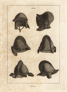 Capacete com bebida para baixo na Torre de Londres 1, capacete com barra dupla 2 e sal com orelhas ou auriculares 3-6 de Unbekannt