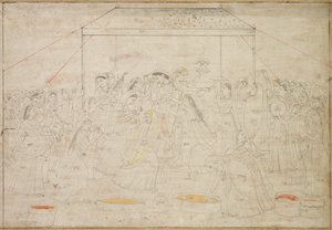 Deus Hindu Krishna sendo vestido com roupas femininas para o Festival da Primavera Holi, c. 1790 de Unbekannt