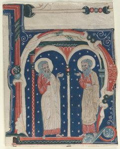 Inicial H historiada excisada de um antifônico: SS. Paul, o Eremita e Anthony, c1200-1230. de Unbekannt