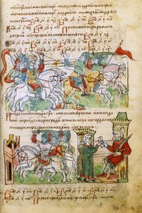 Igor Svyatoslavichs luta com os pechenegs da Radziwill Chronicle, século XV de Unbekannt