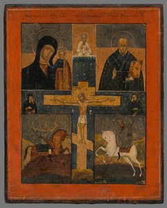 Ícone-Crucificação com a Mãe de Deus, São Nicolau, São Juraj e Dimitri de Unbekannt
