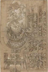 Teto Ilusionista com Árvore de Uvas, Figuras Posicionadas em Galerias e uma Central..., c. 1570158 de Unbekannt