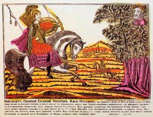 Ilya Muromets e Nightingale, o Ladrão, impressão de Lubok, século XVIII de Unbekannt