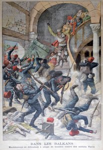 Nos Balcãs: macedônios se defendendo com bombas contra soldados turcos, 1903 de Unbekannt
