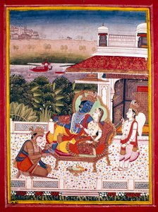 Miniatura indiana mostrando Krishna e uma princesa em um sofá, século 18 de Unbekannt