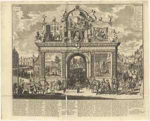 Esquemas de investimento: Arco memorial erguido no local do enterro dos acionistas em ruínas, 1720. de Unbekannt