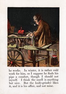 Moedor de faca itinerante afiando uma lâmina girando uma roda de moagem com um pedal, c1867 de Unbekannt