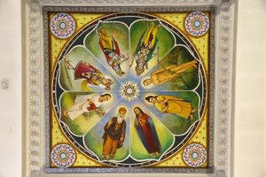 Jalaram Prathna templo hindu, Leicester. Trabalho de arte de tecto. Deuses (incluindo Jesus Cristo). Reino Unido. de Unbekannt