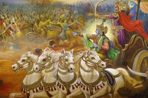 Jalaram Prathna templo hindu, Leicester. Fresco. Krishna, o cocheiro que guia Arjuna no campo de batalha de Kurukshetra. Reino Unido. de Unbekannt
