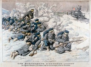 Ataque japonês a um trem hospitalar perto de Port Arthur, Manchúria, Guerra Russo-Japonesa, 1904 de Unbekannt