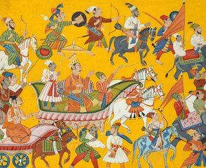 O rei Dasaratha e sua comitiva procedem ao casamento de Ramas: fólio de Shangri ..., ca. 1690-1710. de Unbekannt