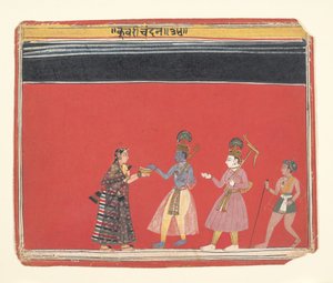 Krishna aceita uma oferenda da mulher corcunda Trivakra..., ca. 1650. de Unbekannt