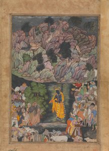 Krishna segura o monte Govardhan para abrigar os aldeões de Braj, Folio from..., ca. 1590-95. de Unbekannt