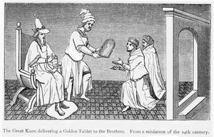 Kublai Khan dá uma pastilha dourada garantindo a passagem segura para Niccolo e Maffeo Polo (gravura) de Unbekannt