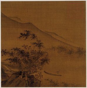 Paisagem: encostas, rochas, árvores, casa e um barco, dinastia Ming, 1368-1644. de Unbekannt