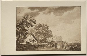 Paisagem com chalé e ponte, década de 1700. de Unbekannt