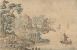 Paisagem com Cavalos e Carroças e um Rio à Direita, Séc. XVIII. de Unbekannt