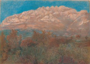 Paisagem com o monte rosa e roxo Resegone atrás da folhagem das árvores sob um céu azul de Unbekannt
