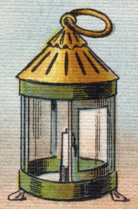 Lanterna. Gravura em "Alfabeto de ma petite fille". Bernardin-Bechet e Fils, livreiros-editores, Paris, por volta de 1895. Álbum inquebrável em lona. Bibliotheque des Bebes. 12 páginas. Álbum contendo um método de leitura e um abecedário ilustrativo. Dim: de Unbekannt