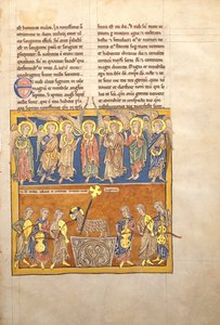 Folha de um manuscrito de Beatus: Sete anjos seguram as taças das sete últimas pragas .., ca. 1180 de Unbekannt