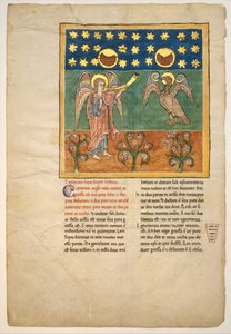 Folha de um manuscrito Beatus: o quarto anjo soa a trombeta e uma águia..., ca. 1180. de Unbekannt