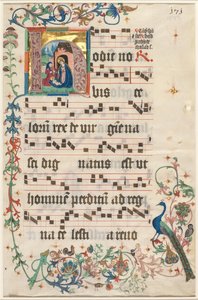 Folha de um Antifonário: H inicial com a Natividade anterior e Texto verso, c. 1480 de Unbekannt