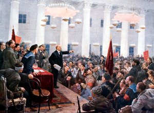 Lenin discutindo deputados do 2º Congresso Soviético, Palácio Smolny, São Petersburgo, 1917 de Unbekannt