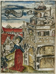 As artes liberais, gramática: Nicostrata (chamada Carmenta), segurando um livro de chifres, um manual de ensino (aqui, um abecedário) e uma chave, abrindo a porta da torre de aprendizagem para uma criança de Unbekannt