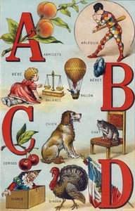 Letras A B C D; Damascos; Arlequim; Balão; Bebe; Cerejas; Cadeira de Gato; Cão; Cobertor; Diabo; Turquia; Bandeira. Gravura em "Alfabeto de ma petite fille". Bernardin-Bechet e Fils, livreiro-editores, Paris, por volta de 1895. Álbum inquebrável em lata de Unbekannt