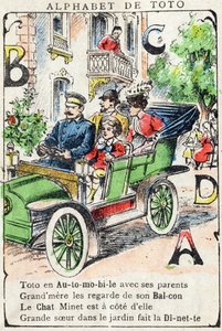 Cartas A B C D D Car Balcony Cat Dinette. Gravura em "Alfabeto de Toto", final do século XIX. Imagem em "Pont-a-Mousson". Louis Vagne, impressora-editor. 12 páginas. Álbum publicitário contendo um ilustre abecedário e um método de leitura simplificado. Dim de Unbekannt