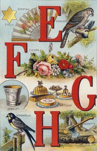 Letras E F G H; Andorinha; Ventilador; Flores; Bolos; Taça; Hachette; Andorinha. Gravura em "Alfabeto de ma petite fille". Bernardin-Bechet e Fils, livreiro-editores, Paris, por volta de 1895. Álbum inquebrável em lona. Bibliotheque des Bebes. 12 páginas.  de Unbekannt