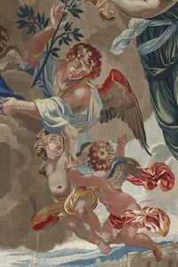 A vida da Virgem: "A Coroação da Virgem". (Coroação da Virgem) Detalhe de anjos Tapeçaria de lã e seda feita na oficina de Pierre Damour a partir dos desenhos de Charles Poerson (1609-1667) de Unbekannt