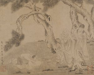 Luohan, atendente e adorador sob pinheiros, dinastia Yuan ou Ming, 1279-1644. de Unbekannt