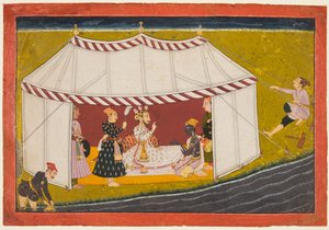 Madhava em uma tenda diante de uma régua, de uma série Madhavanala Kamakandala, c. 1700 de Unbekannt
