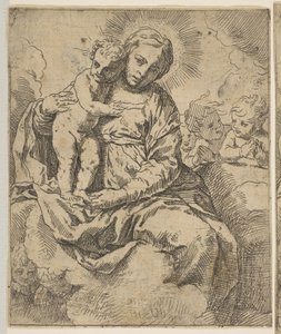 Madonna e Child sentados nas nuvens e cercados por anjos, copiam ao contrário a ..., ca.1639 ou depois. de Unbekannt
