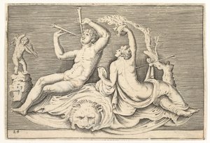 Homem tocando duas flautas e mulher em Lionskin, publicado ca. 1599-1622. de Unbekannt