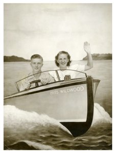 Homem e Mulher num barco chamado "Miss Wildwood" c.1940(foto) de Unbekannt