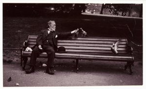 Homem num banco de jardim, c 1920 Uma fotografia de um homem sentado num banco de jardim, alimentando pombos, tirada por um fotógrafo desconhecido em cerca de 1920 de Unbekannt