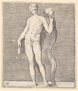 Homem com lagostim e urna de água, publicado ca. 1599-1622. de Unbekannt
