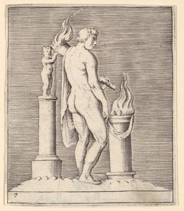 Homem com tocha entre Altar flamejante e estatueta, publicado ca. 1599-1622. de Unbekannt
