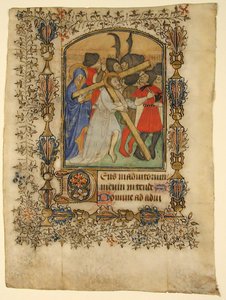Folha Manuscrito de um Livro de Horas... Inicial D iluminada e Cristo Carregando a Cruz, 1390-140 de Unbekannt