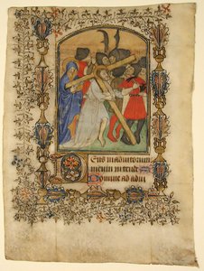 Folha do manuscrito de um livro de horas ... Iluminada inicial D e Cristo carregando a cruz, 1390-140 de Unbekannt